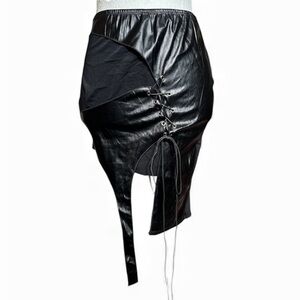 Black Faux Leather Skirt with Lace-Up Detail